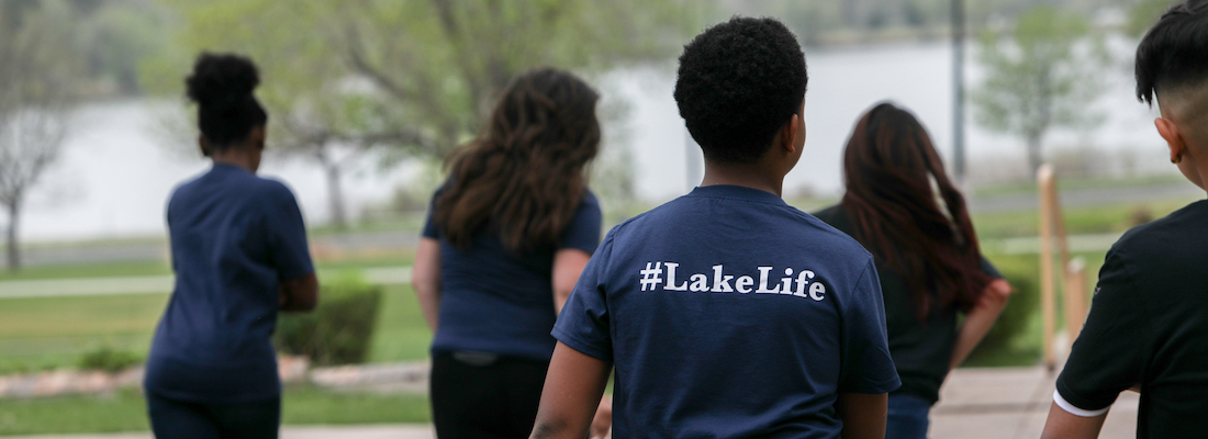 Students walking to the lake