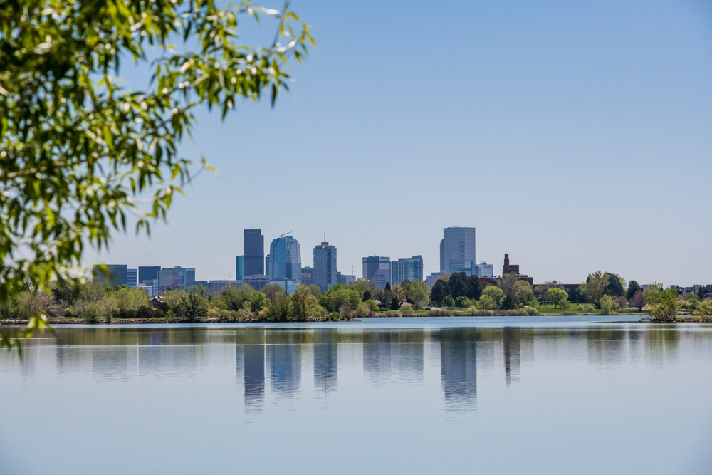 Lake with downtown Denver skyline